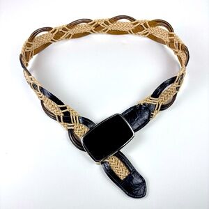 Woven Tan & Black Macrame & Leather Belt with Rectangular Metal Buckle Vintage S